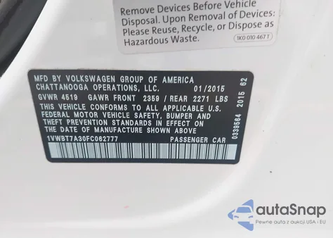 2015 Volkswagen Passat 1.8T Se из США, поврежденный, VIN 1VWBT7A30FC062777